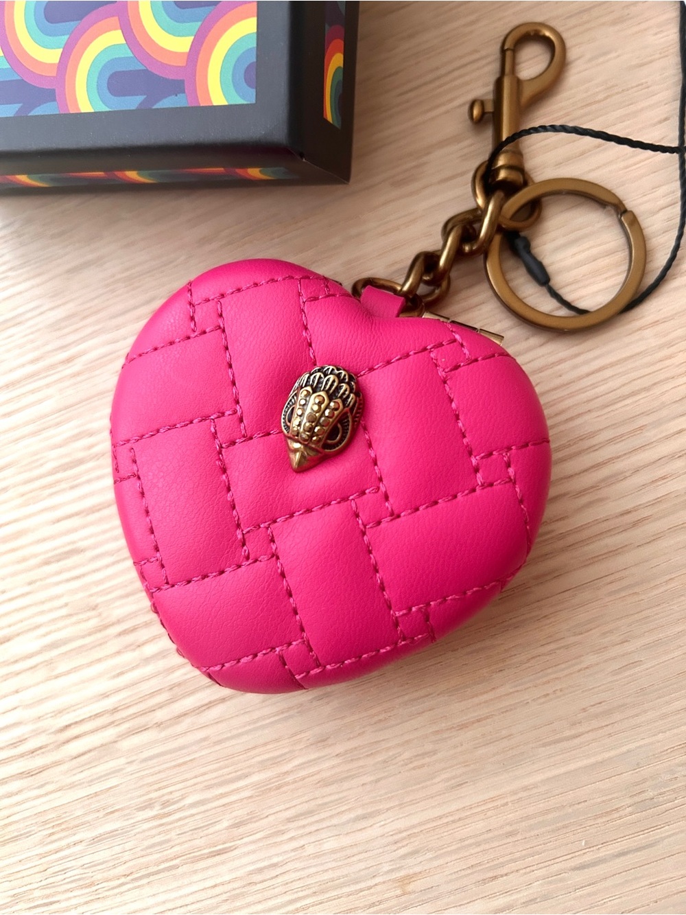 NWT💝Kurt Geiger London Boxed Kensington Heart Mirror Bag Charm Pink Keychain - Picture 2 of 5